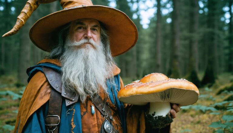 photograph of a cosplaying wizard holding a giant mushroom with a scenic landscape of Abbotsford