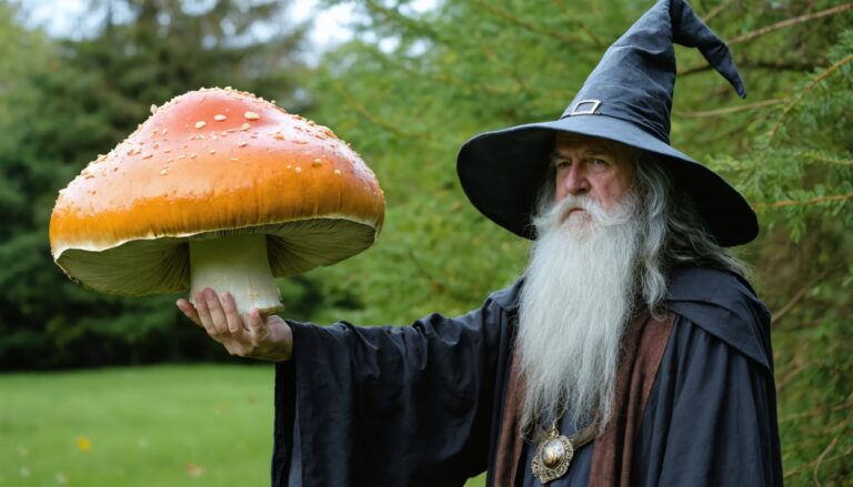 photograph of a cosplaying wizard holding a giant mushroom with a scenic landscape of Airdrie