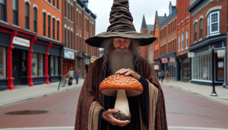 photograph of a cosplaying wizard holding a giant mushroom with a scenic landscape of Ajax