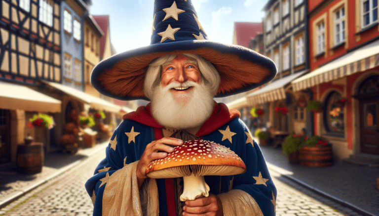 photograph of a cosplaying wizard holding a giant mushroom with a scenic landscape of Alberton