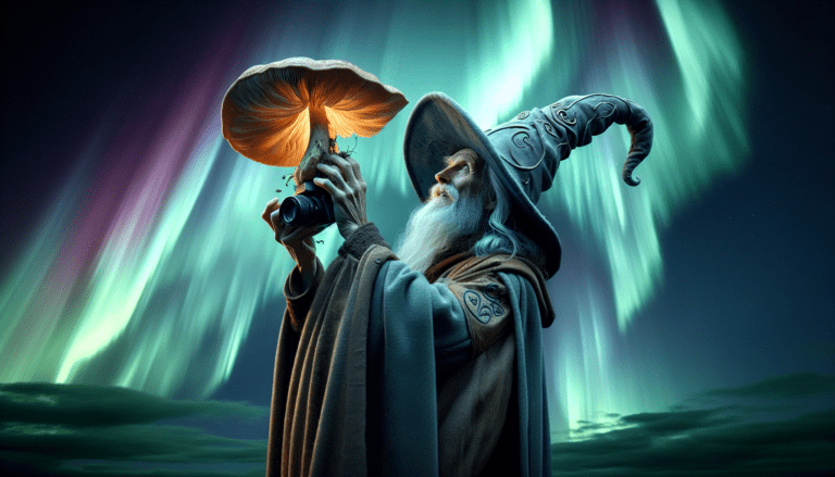 photograph of a cosplaying wizard holding a giant mushroom with a scenic landscape of Aurora