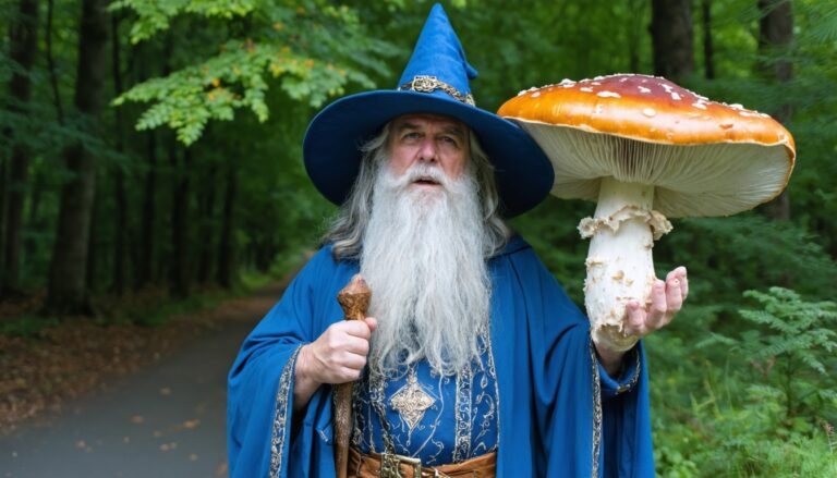 photograph of a cosplaying wizard holding a giant mushroom with a scenic landscape of Bathurst