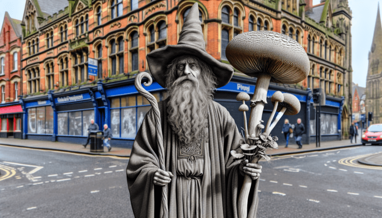 photograph of a cosplaying wizard holding a giant mushroom with a scenic landscape of Bolton