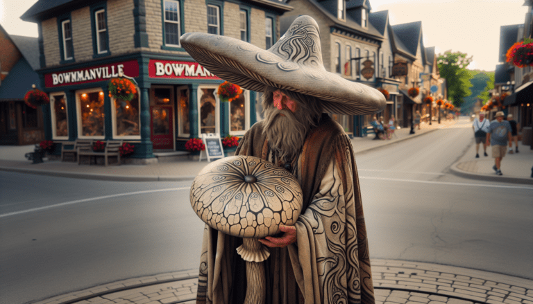 photograph of a cosplaying wizard holding a giant mushroom with a scenic landscape of Bowmanville