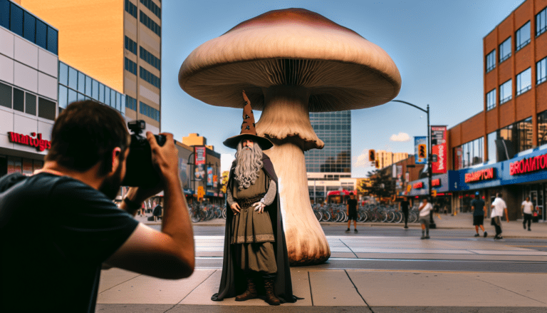 photograph of a cosplaying wizard holding a giant mushroom with a scenic landscape of Brampton