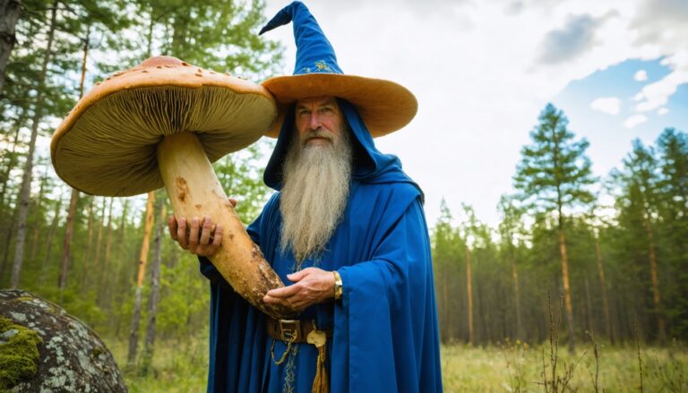 photograph of a cosplaying wizard holding a giant mushroom with a scenic landscape of Brandon