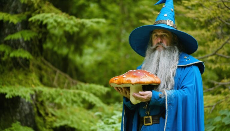 photograph of a cosplaying wizard holding a giant mushroom with a scenic landscape of Burnaby
