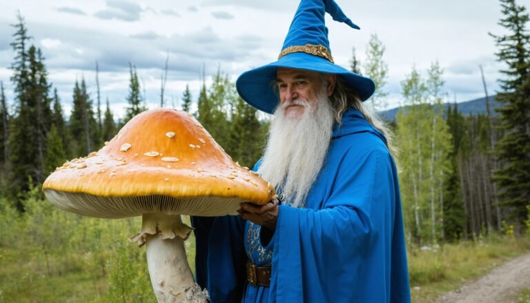 photograph of a cosplaying wizard holding a giant mushroom with a scenic landscape of Calgary