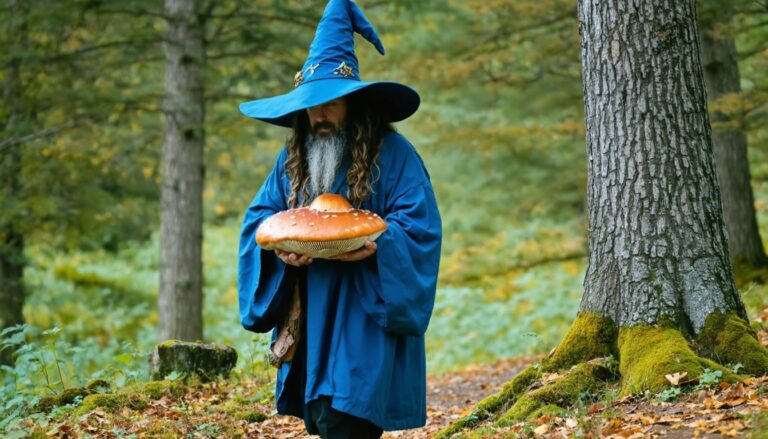 photograph of a cosplaying wizard holding a giant mushroom with a scenic landscape of Campbellton