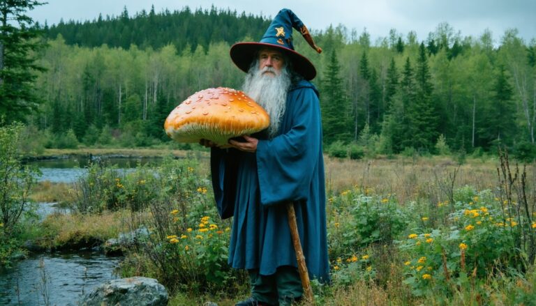photograph of a cosplaying wizard holding a giant mushroom with a scenic landscape of Carbonear