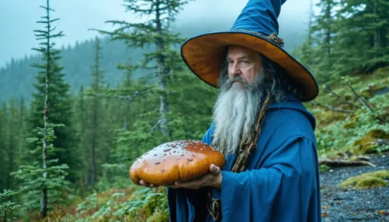 photograph of a cosplaying wizard holding a giant mushroom with a scenic landscape of Clarenville