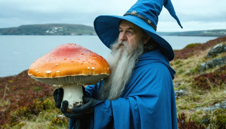 photograph of a cosplaying wizard holding a giant mushroom with a scenic landscape of Conception Bay South