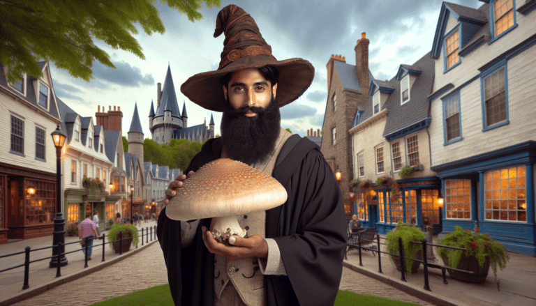 photograph of a cosplaying wizard holding a giant mushroom with a scenic landscape of Concord
