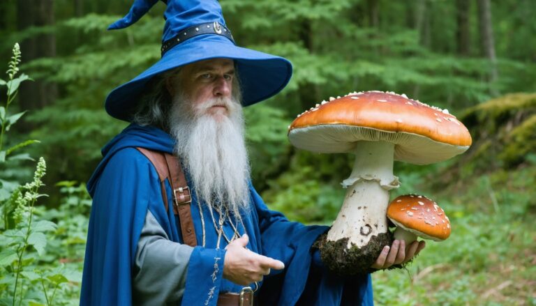 photograph of a cosplaying wizard holding a giant mushroom with a scenic landscape of Coquitlam