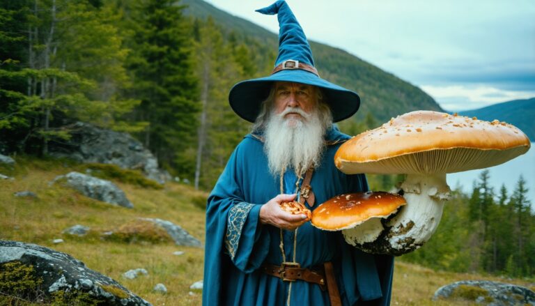 photograph of a cosplaying wizard holding a giant mushroom with a scenic landscape of Corner Brook