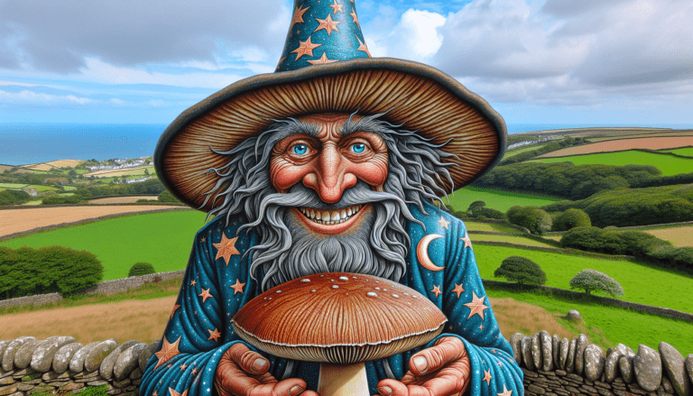 photograph of a cosplaying wizard holding a giant mushroom with a scenic landscape of Cornwall