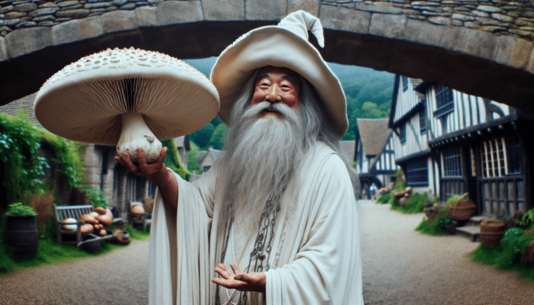photograph of a cosplaying wizard holding a giant mushroom with a scenic landscape of Courtice