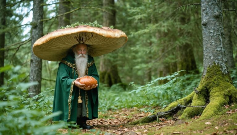photograph of a cosplaying wizard holding a giant mushroom with a scenic landscape of Dauphin
