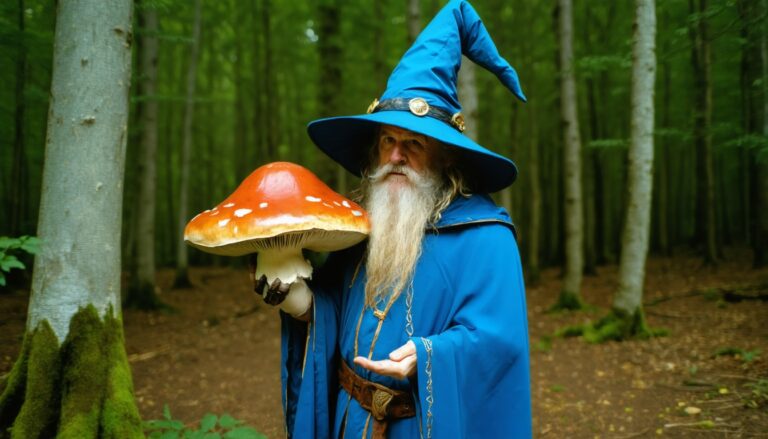 photograph of a cosplaying wizard holding a giant mushroom with a scenic landscape of Delta
