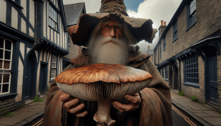 photograph of a cosplaying wizard holding a giant mushroom with a scenic landscape of East York