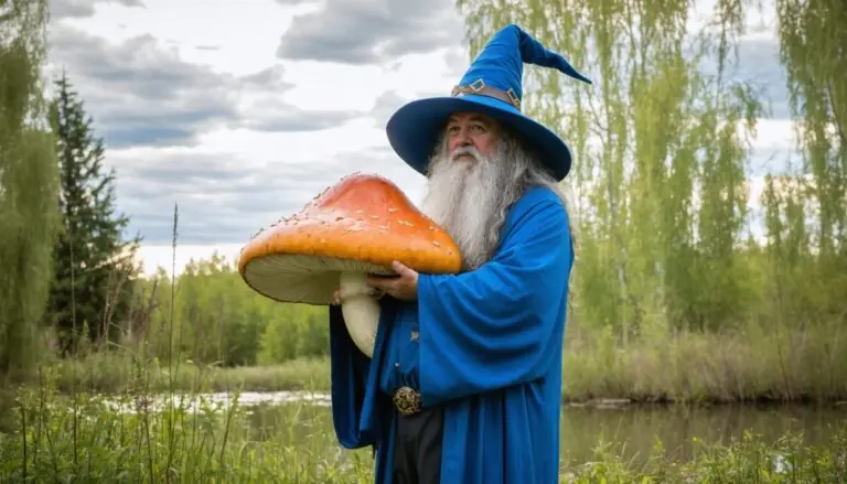 photograph of a cosplaying wizard holding a giant mushroom with a scenic landscape of Edmonton