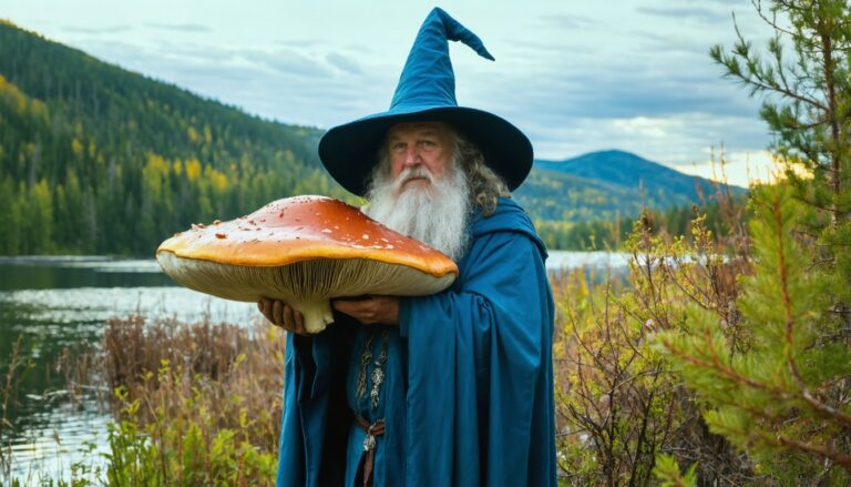 photograph of a cosplaying wizard holding a giant mushroom with a scenic landscape of Edmundston