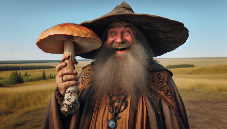 photograph of a cosplaying wizard holding a giant mushroom with a scenic landscape of Estevan