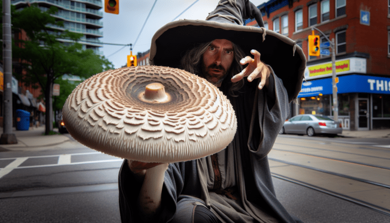 photograph of a cosplaying wizard holding a giant mushroom with a scenic landscape of Etobicoke