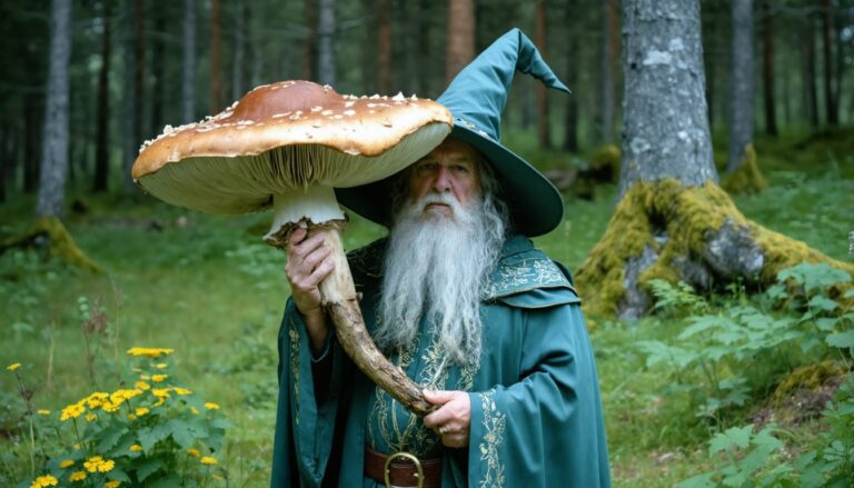 photograph of a cosplaying wizard holding a giant mushroom with a scenic landscape of Gander