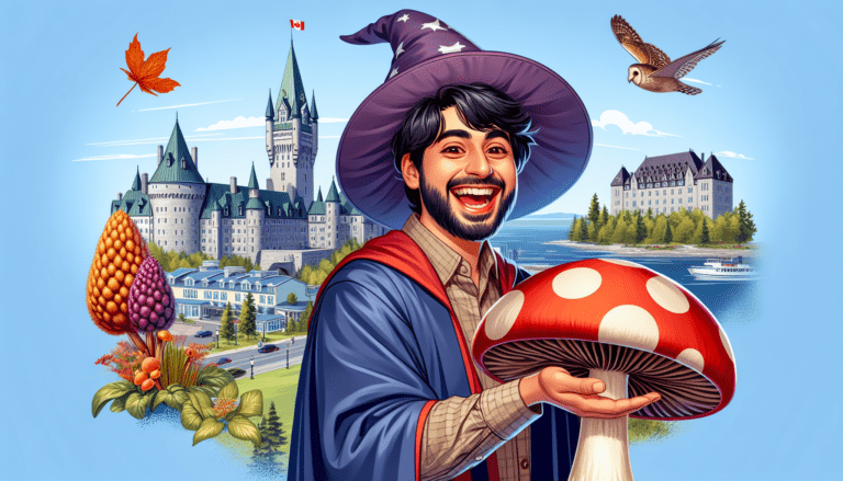 photograph of a cosplaying wizard holding a giant mushroom with a scenic landscape of Gatineau