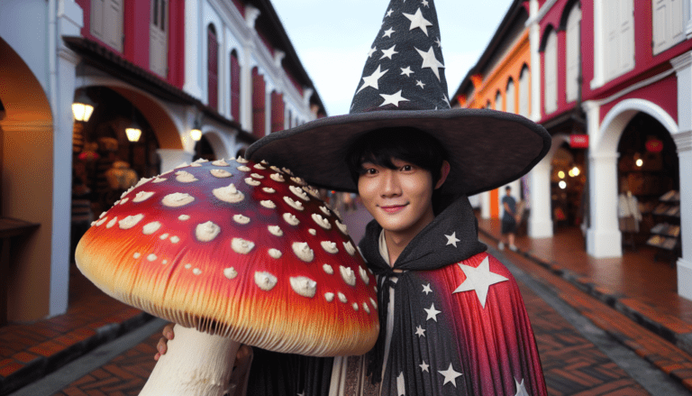 photograph of a cosplaying wizard holding a giant mushroom with a scenic landscape of Georgetown