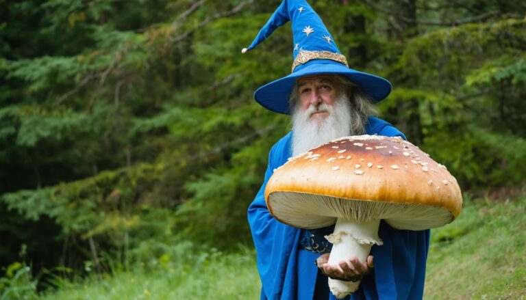 photograph of a cosplaying wizard holding a giant mushroom with a scenic landscape of Grand Falls-Windsor