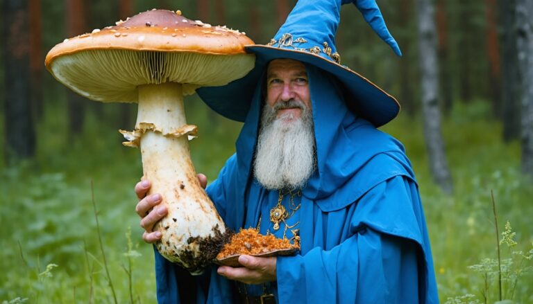 photograph of a cosplaying wizard holding a giant mushroom with a scenic landscape of Grande Prairie