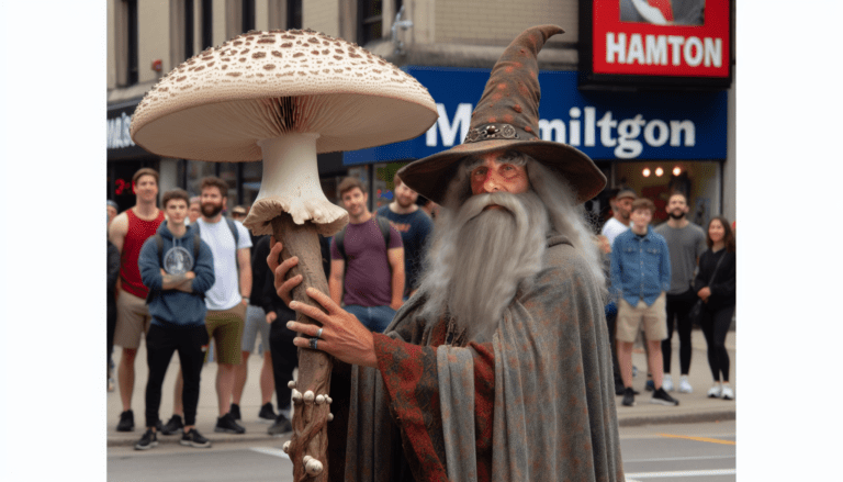 photograph of a cosplaying wizard holding a giant mushroom with a scenic landscape of Hamilton
