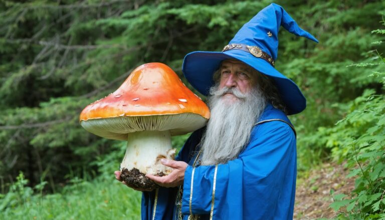 photograph of a cosplaying wizard holding a giant mushroom with a scenic landscape of Kelowna