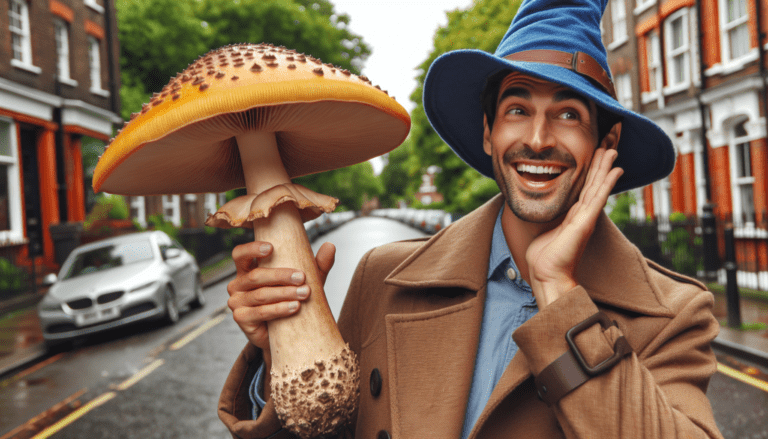photograph of a cosplaying wizard holding a giant mushroom with a scenic landscape of Kensington