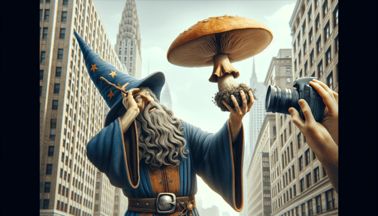 photograph of a cosplaying wizard holding a giant mushroom with a scenic landscape of King City