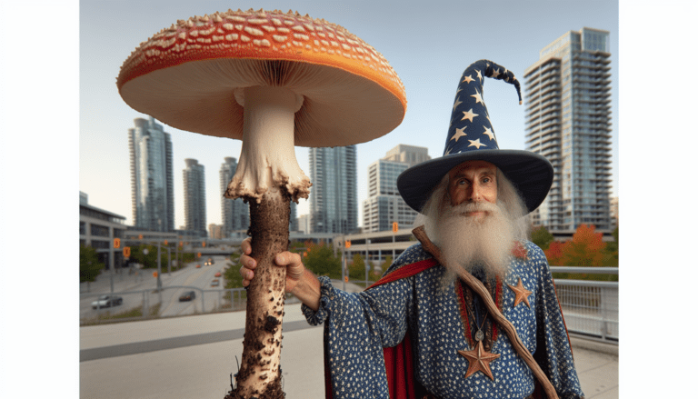 photograph of a cosplaying wizard holding a giant mushroom with a scenic landscape of Kitchener