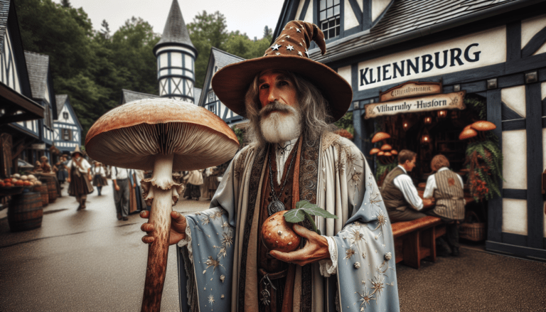 photograph of a cosplaying wizard holding a giant mushroom with a scenic landscape of Kleinburg