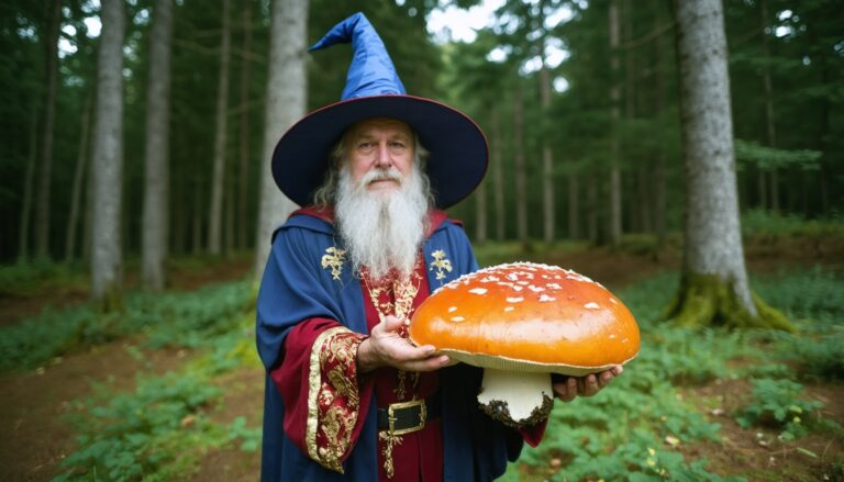 photograph of a cosplaying wizard holding a giant mushroom with a scenic landscape of Langley