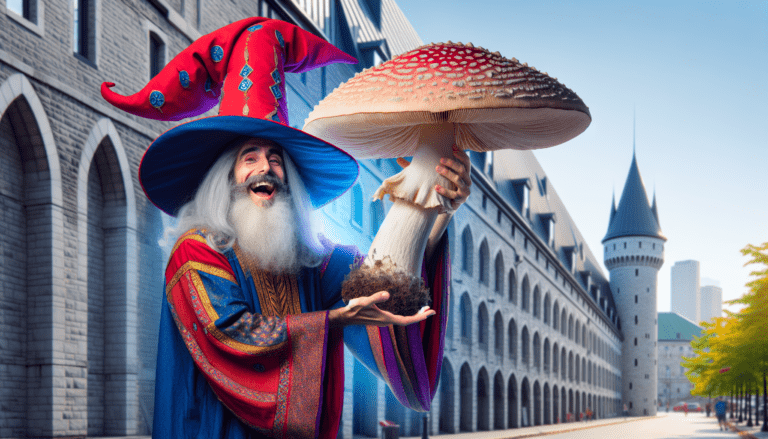 photograph of a cosplaying wizard holding a giant mushroom with a scenic landscape of Laval