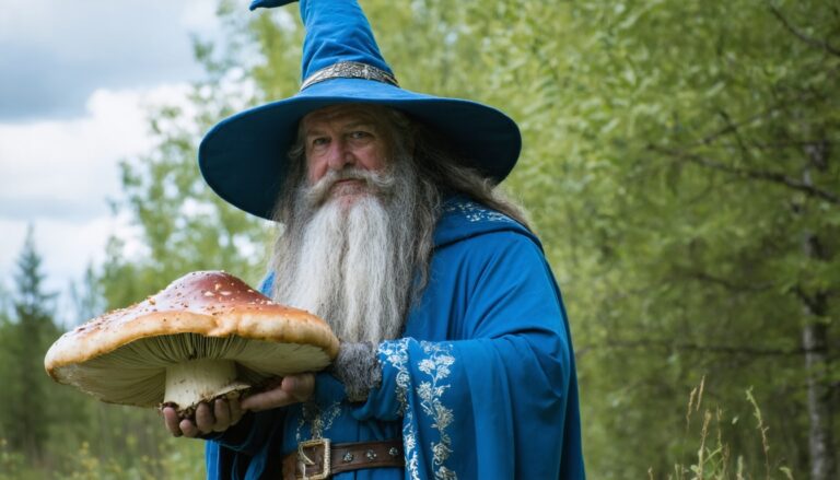 photograph of a cosplaying wizard holding a giant mushroom with a scenic landscape of Leduc
