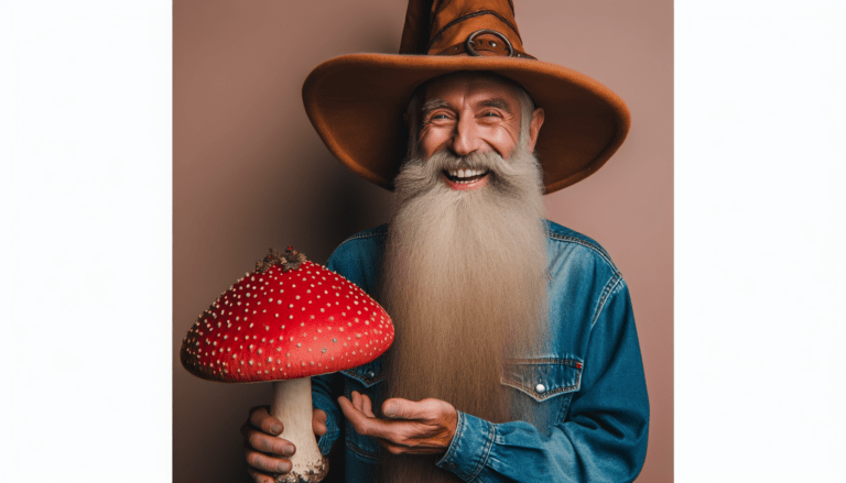 photograph of a cosplaying wizard holding a giant mushroom with a scenic landscape of Levis