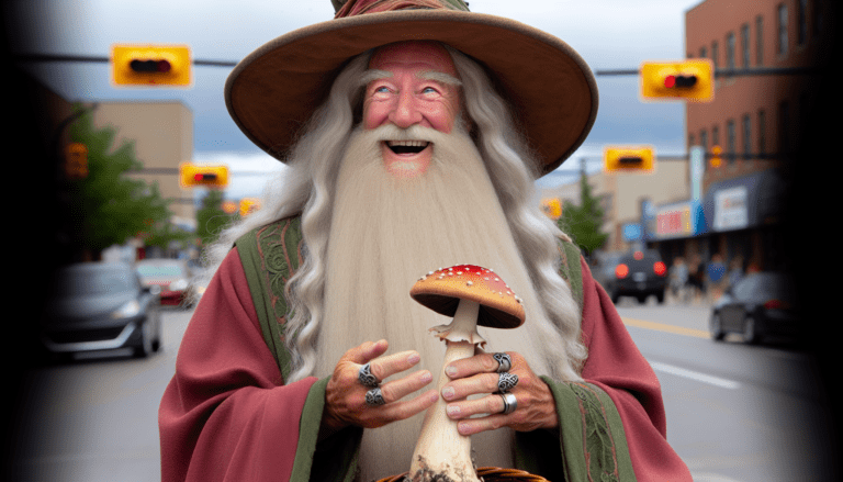 photograph of a cosplaying wizard holding a giant mushroom with a scenic landscape of Lloydminster