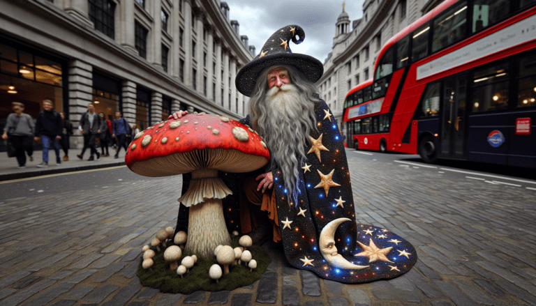 photograph of a cosplaying wizard holding a giant mushroom with a scenic landscape of London