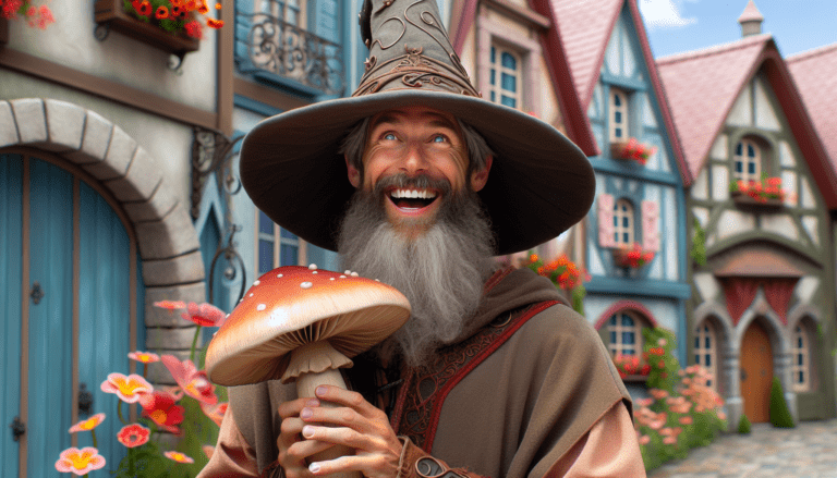 photograph of a cosplaying wizard holding a giant mushroom with a scenic landscape of Longueuil