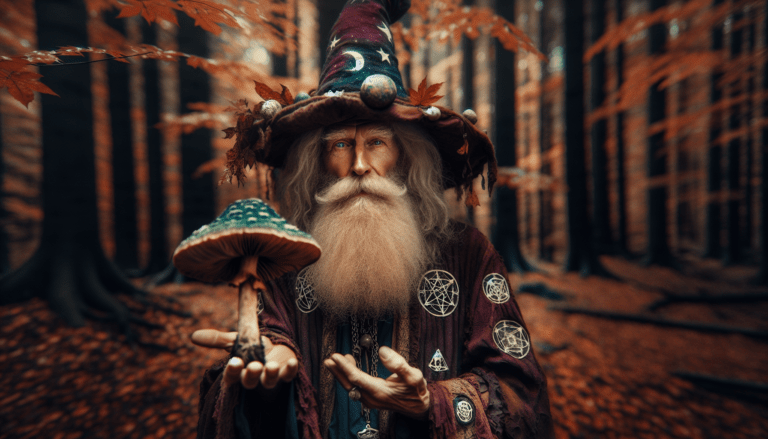 photograph of a cosplaying wizard holding a giant mushroom with a scenic landscape of Maple