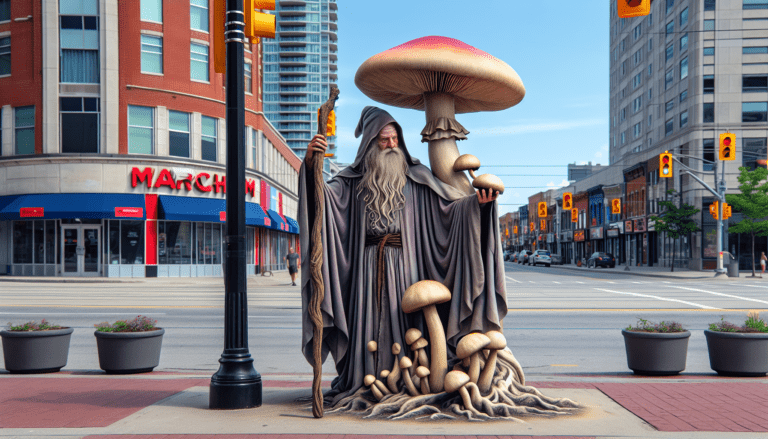 photograph of a cosplaying wizard holding a giant mushroom with a scenic landscape of Markham