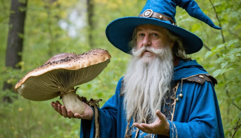 photograph of a cosplaying wizard holding a giant mushroom with a scenic landscape of Medicine Hat
