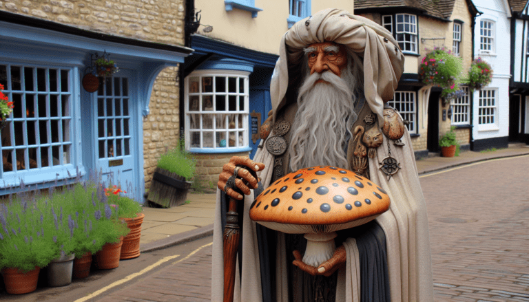 photograph of a cosplaying wizard holding a giant mushroom with a scenic landscape of Milton